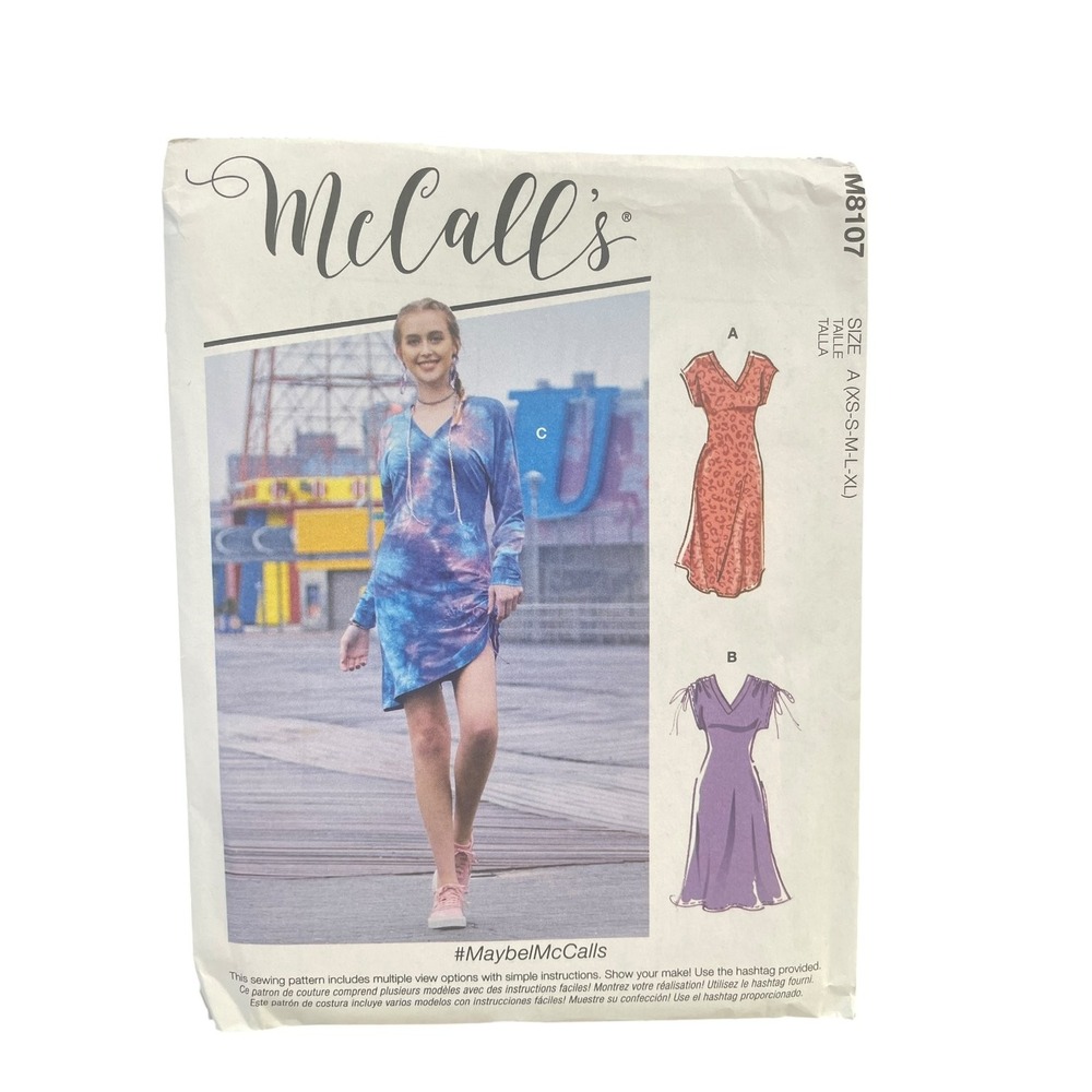 McCall's Sewing Pattern Misses XS-XL M8107 V-Neck Knit Dress Drawstring Ruching